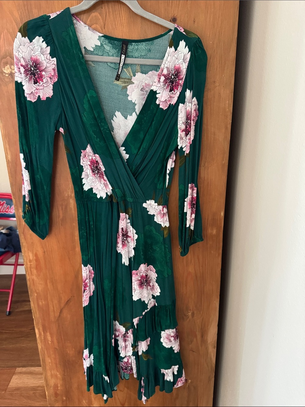 Anthro Green Floral Wrap Midi Dress with Pink Bloom Print